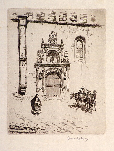 Artist: b'LINDSAY, Lionel' | Title: b'Doorway of las Duenas, Salamanca' | Date: 1942 | Technique: b'etching, printed in brown ink, from one plate' | Copyright: b'Courtesy of the National Library of Australia' Artist: b'LINDSAY, Lionel' | Title: b'Doorway of las Duenas, Salamanca' | Date: 1942 | Technique: b'etching, printed in brown ink, from one plate' | Copyright: b'Courtesy of the National Library of Australia'