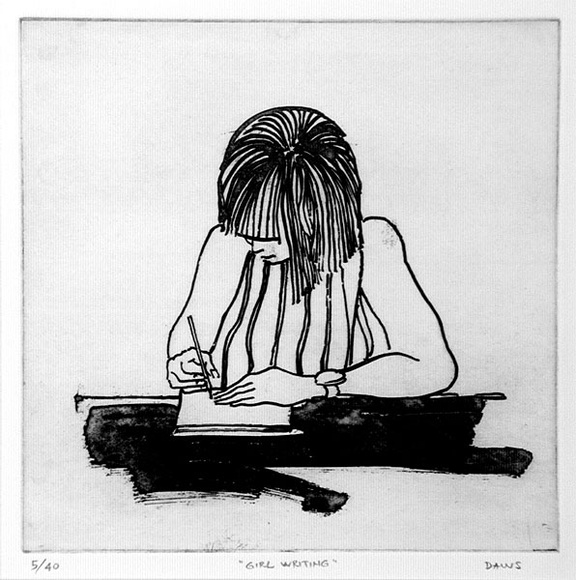 Artist: b'Daws, Lawrence.' | Title: b'Girl writing.' | Date: 1978 | Technique: b'aquatint, printed in black ink, from one plate' | Copyright: b'\xc2\xa9 Lawrence Daws' Artist: b'Daws, Lawrence.' | Title: b'Girl writing.' | Date: 1978 | Technique: b'aquatint, printed in black ink, from one plate' | Copyright: b'\xc2\xa9 Lawrence Daws'