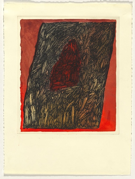 Artist: b'ARNOLD, Raymond' | Title: b'Blaze - Central Highlands.' | Date: 1988 | Technique: b'photo-etching and aquatint, printed in black, yellow and red inks, from multiple plates' Artist: b'ARNOLD, Raymond' | Title: b'Blaze - Central Highlands.' | Date: 1988 | Technique: b'photo-etching and aquatint, printed in black, yellow and red inks, from multiple plates'