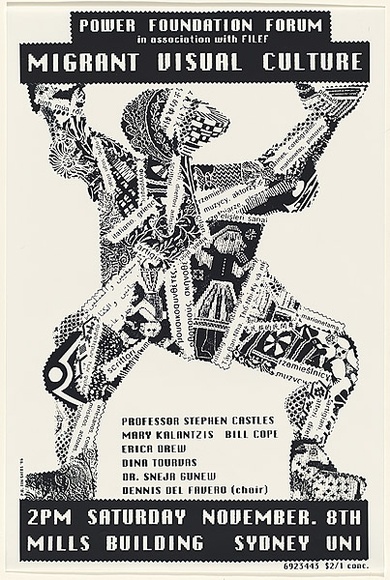 Artist: b'Debenham, Pam.' | Title: b'Migrant Visual Culture.' | Date: 1986 | Technique: b'screenprint, printed in black ink, from one stencil' Artist: b'Debenham, Pam.' | Title: b'Migrant Visual Culture.' | Date: 1986 | Technique: b'screenprint, printed in black ink, from one stencil'