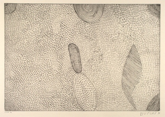 Artist: b'Cherel, Kumanjayi (Butcher).' | Title: b'Manyi (bush potato)' | Date: 2001 | Technique: b'etching, printed in black ink, from one plate'