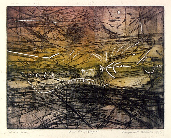 Artist: b'Cilento, Margaret.' | Title: b'Old landscape.' | Date: 1950 | Technique: b'etching, aquatint, printed in colour, from two plates' Artist: b'Cilento, Margaret.' | Title: b'Old landscape.' | Date: 1950 | Technique: b'etching, aquatint, printed in colour, from two plates'