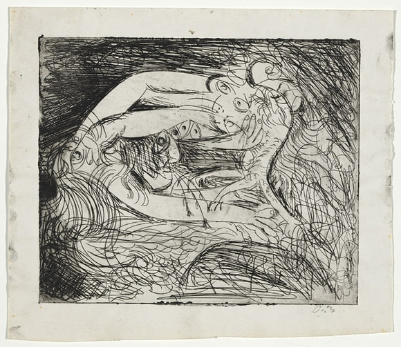Artist: b'BOYD, Arthur' | Title: b'Figure with eyes grasping small ram.' | Date: (1962-63) | Technique: b'etching, printed in black ink, from one plate' | Copyright: b'Reproduced with permission of Bundanon Trust' Artist: b'BOYD, Arthur' | Title: b'Figure with eyes grasping small ram.' | Date: (1962-63) | Technique: b'etching, printed in black ink, from one plate' | Copyright: b'Reproduced with permission of Bundanon Trust'