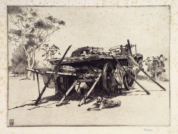 Artist: b'Warner, Alfred Edward.' | Title: bPengilley's wool wagon | Date: 1922 | Technique: b'etching, printed in black ink with plate-tone, from one plate' Artist: b'Warner, Alfred Edward.' | Title: bPengilley's wool wagon | Date: 1922 | Technique: b'etching, printed in black ink with plate-tone, from one plate'