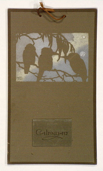 Artist: b'Derham, Frances.' | Title: b'Calendar: (Three kookaburras in moonlight).' | Date: (1920-21) | Technique: b'stencil, printed in colour' Artist: b'Derham, Frances.' | Title: b'Calendar: (Three kookaburras in moonlight).' | Date: (1920-21) | Technique: b'stencil, printed in colour'