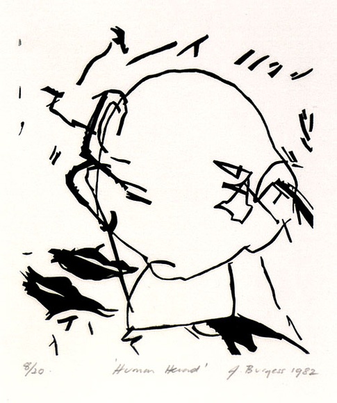 Artist: b'Burgess, Jeff.' | Title: b'Human head.' | Date: 1982 | Technique: b'linocut, printed in black ink, from one block'