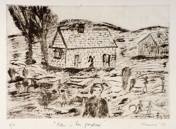 Artist: b'Shearer, Mitzi.' | Title: b'Mitzi in her garden' | Date: 1979 | Technique: b'etching, printed in black ink, from one plate' Artist: b'Shearer, Mitzi.' | Title: b'Mitzi in her garden' | Date: 1979 | Technique: b'etching, printed in black ink, from one plate'