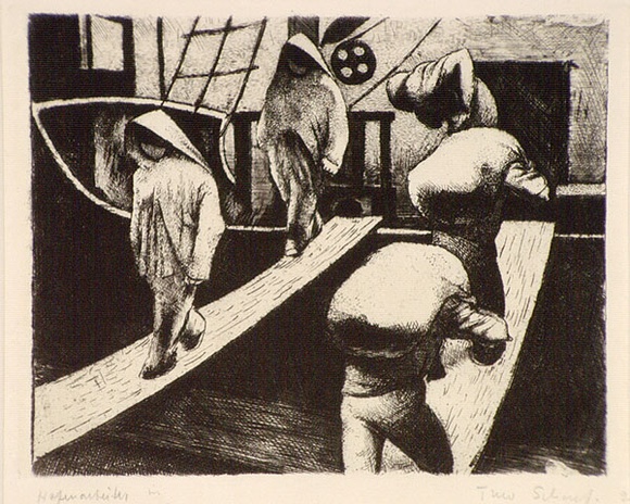 Artist: b'Scharf, Theo.' | Title: b'Hafenarbeiter in Sudfrankreich (harbour workers in the south of France)' | Date: c.1926 | Technique: b'etching, printed in black ink, from one plate' | Copyright: b'\xc2\xa9 The Estate of Theo Scharf.' Artist: b'Scharf, Theo.' | Title: b'Hafenarbeiter in Sudfrankreich (harbour workers in the south of France)' | Date: c.1926 | Technique: b'etching, printed in black ink, from one plate' | Copyright: b'\xc2\xa9 The Estate of Theo Scharf.'