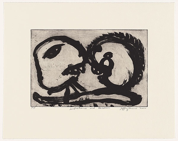 Artist: b'Harris, Jeffrey.' | Title: b'Impatience and boredom' | Date: 2000 | Technique: b'liftground etching and aquatint, printed in black ink, from one plate' Artist: b'Harris, Jeffrey.' | Title: b'Impatience and boredom' | Date: 2000 | Technique: b'liftground etching and aquatint, printed in black ink, from one plate'