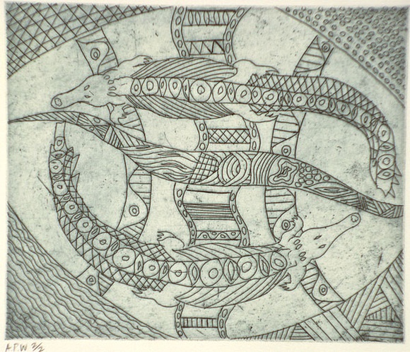 Artist: b'Puruntatameri, Cecil,' | Title: b'Crocodile' | Date: 1995, December | Technique: b'etching, printed in blue ink, from one plate' Artist: b'Puruntatameri, Cecil,' | Title: b'Crocodile' | Date: 1995, December | Technique: b'etching, printed in blue ink, from one plate'