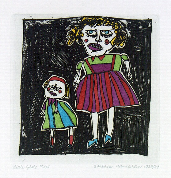 Artist: b'HANRAHAN, Barbara' | Title: b'Little girls' | Date: 1988 | Technique: b'etching, printed in black ink with plate-tone, from one plate, hand-coloured' Artist: b'HANRAHAN, Barbara' | Title: b'Little girls' | Date: 1988 | Technique: b'etching, printed in black ink with plate-tone, from one plate, hand-coloured'