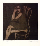 Artist: BALDESSIN, George | Title: Figure with chair. | Date: 1973 | Technique: etching and aquatint, printed in colour ink, from two plates.