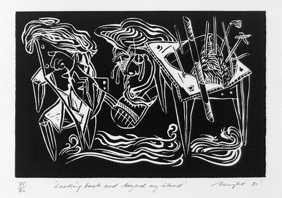 Artist: b'Wright, Doug.' | Title: b'Looking back and beyond my island' | Date: 1981 | Technique: b'linocut, printed in black ink, from one block' Artist: b'Wright, Doug.' | Title: b'Looking back and beyond my island' | Date: 1981 | Technique: b'linocut, printed in black ink, from one block'