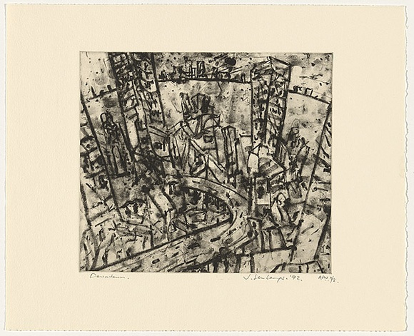 Artist: b'Senbergs, Jan.' | Title: b'Downtown' | Date: 1992 | Technique: b'aquatint, printed in black, from one plate' | Copyright: b'\xc2\xa9 Jan Senbergs'