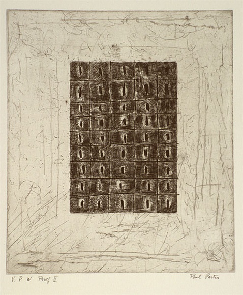 Artist: b'Partos, Paul.' | Title: b'not titled [rectangular grid with dark spots on scratchy mid-tone surface]' | Date: c.1988 | Technique: b'etching, printed in black ink with plate-tone, from one plate'