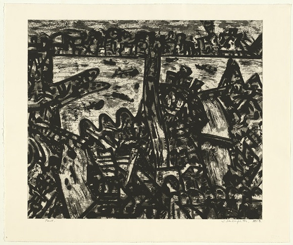 Artist: b'Senbergs, Jan.' | Title: b'Port' | Date: 1992 | Technique: b'etching, printed in black ink, from one plate' | Copyright: b'\xc2\xa9 Jan Senbergs' Artist: b'Senbergs, Jan.' | Title: b'Port' | Date: 1992 | Technique: b'etching, printed in black ink, from one plate' | Copyright: b'\xc2\xa9 Jan Senbergs'