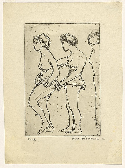 Artist: b'WILLIAMS, Fred' | Title: b'Chorus girls' | Date: 1955-56 | Technique: b'etching, aquatint and drypoint, printed in black ink, from one zinc plate' | Copyright: b'\xc2\xa9 Fred Williams Estate' Artist: b'WILLIAMS, Fred' | Title: b'Chorus girls' | Date: 1955-56 | Technique: b'etching, aquatint and drypoint, printed in black ink, from one zinc plate' | Copyright: b'\xc2\xa9 Fred Williams Estate'