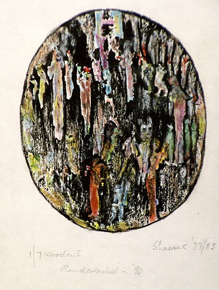 Artist: b'Shearer, Mitzi.' | Title: b'not titled [oval]' | Date: 1977-85 | Technique: b'woodcut, printed in black ink, from one block, hand-coloured, various colour'