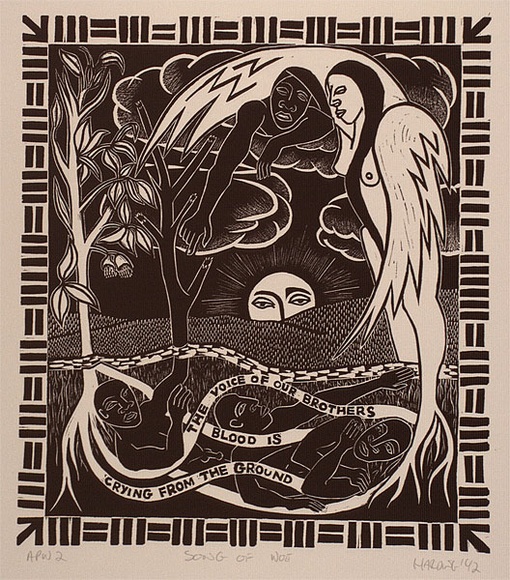Artist: b'Harding, Richard.' | Title: b'Song of woe' | Date: 1992 | Technique: b'linocut, printed in black ink, from one block' Artist: b'Harding, Richard.' | Title: b'Song of woe' | Date: 1992 | Technique: b'linocut, printed in black ink, from one block'