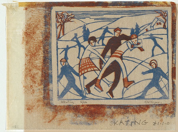 Artist: b'Syme, Eveline' | Title: b'Skating.' | Date: 1929 | Technique: b'linocut, printed in colour, from two blocks (cobalt blue and brown)' Artist: b'Syme, Eveline' | Title: b'Skating.' | Date: 1929 | Technique: b'linocut, printed in colour, from two blocks (cobalt blue and brown)'