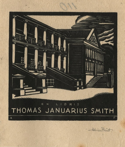 Artist: b'FEINT, Adrian' | Title: b'Bookplate: Thomas Januarius Smith.' | Date: (1932) | Technique: b'wood-engraving, printed in black ink, from one block' | Copyright: b'Courtesy the Estate of Adrian Feint' Artist: b'FEINT, Adrian' | Title: b'Bookplate: Thomas Januarius Smith.' | Date: (1932) | Technique: b'wood-engraving, printed in black ink, from one block' | Copyright: b'Courtesy the Estate of Adrian Feint'