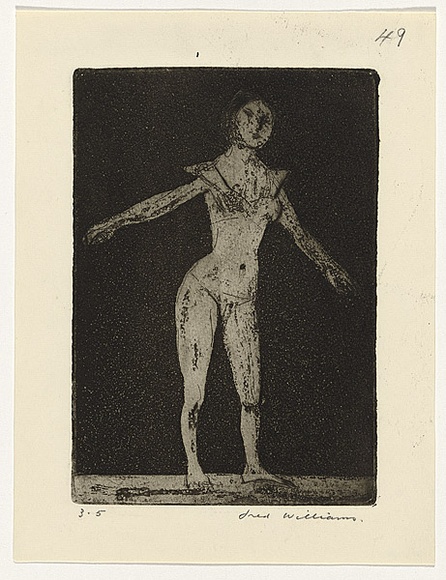 Artist: b'WILLIAMS, Fred' | Title: b'Dancer' | Date: 1955-56 | Technique: b'etching, aquatint and drypoint, printed in black ink, from one copper plate' | Copyright: b'\xc2\xa9 Fred Williams Estate' Artist: b'WILLIAMS, Fred' | Title: b'Dancer' | Date: 1955-56 | Technique: b'etching, aquatint and drypoint, printed in black ink, from one copper plate' | Copyright: b'\xc2\xa9 Fred Williams Estate'