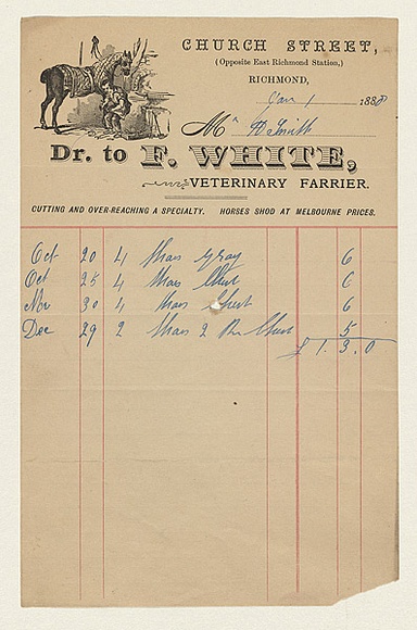Title: b'Dr. to F. White, Veterinary Farrier' | Date: 1888 | Technique: b'wood-engraving, printed in black ink, from one block' Title: b'Dr. to F. White, Veterinary Farrier' | Date: 1888 | Technique: b'wood-engraving, printed in black ink, from one block'