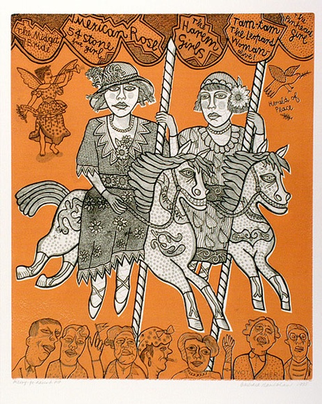 Artist: b'HANRAHAN, Barbara' | Title: b'Merry-go-round' | Date: 1985 | Technique: b'etching, relief etching, printed in black ink, from two plates'