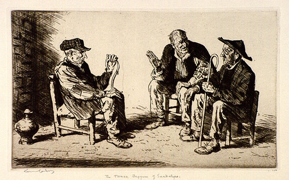 Artist: b'LINDSAY, Lionel' | Title: b'The three beggars of Guadalupe' | Date: 1926 | Technique: b'etching, printed in warm black ink, from one copper plate' | Copyright: b'Courtesy of the National Library of Australia' Artist: b'LINDSAY, Lionel' | Title: b'The three beggars of Guadalupe' | Date: 1926 | Technique: b'etching, printed in warm black ink, from one copper plate' | Copyright: b'Courtesy of the National Library of Australia'