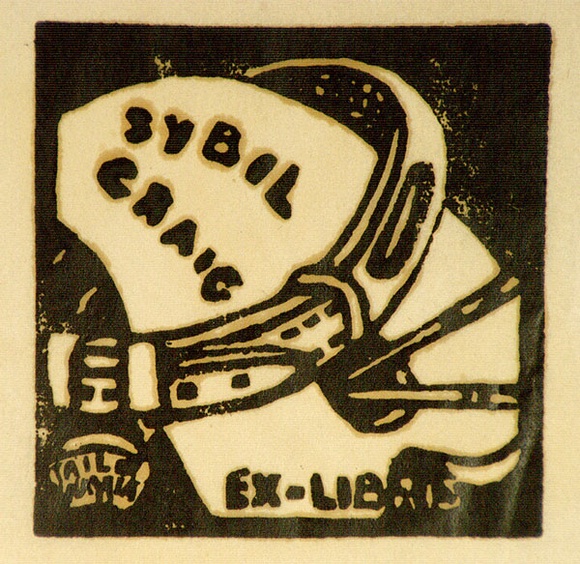 Artist: b'Craig, Sybil.' | Title: b'Bookplate: Sybil Craig (tail wagger).' | Technique: b'linocut, printed in black ink, from one block' Artist: b'Craig, Sybil.' | Title: b'Bookplate: Sybil Craig (tail wagger).' | Technique: b'linocut, printed in black ink, from one block'