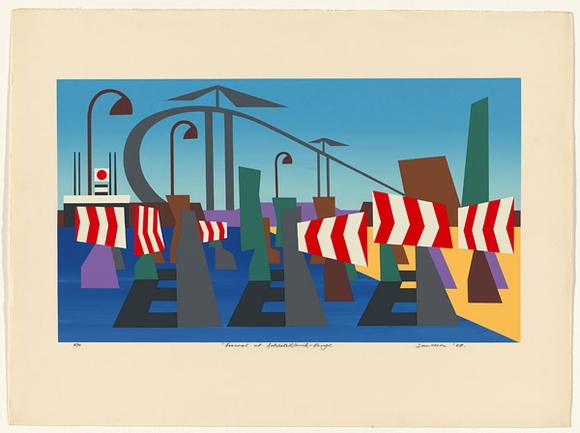 Artist: b'Sanders, Tom.' | Title: b'Arrival at Arkhitektonik Henge.' | Date: 1984 | Technique: b'screenprint, printed in colour, from ten stencils' Artist: b'Sanders, Tom.' | Title: b'Arrival at Arkhitektonik Henge.' | Date: 1984 | Technique: b'screenprint, printed in colour, from ten stencils'