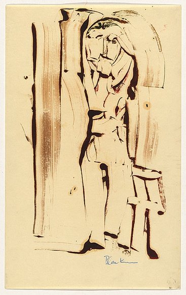 Artist: b'Blackman, Charles.' | Title: b'Figure in doorway.' | Date: 1953 | Technique: b'monotype, printed in colour, from one plate' Artist: b'Blackman, Charles.' | Title: b'Figure in doorway.' | Date: 1953 | Technique: b'monotype, printed in colour, from one plate'