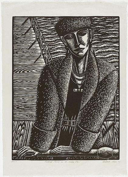 Artist: b'Klein, Deborah.' | Title: b'Mildred Pierce on St Kilda Pier' | Date: 1995 | Technique: b'linocut, printed in black ink, from one block.' Artist: b'Klein, Deborah.' | Title: b'Mildred Pierce on St Kilda Pier' | Date: 1995 | Technique: b'linocut, printed in black ink, from one block.'