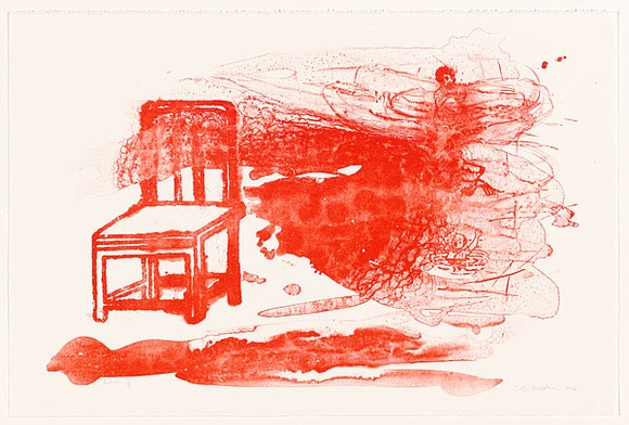 Artist: b'MARTIN, Claire' | Title: b'Pool (red lithograph with chair and screaming child)' | Date: 1994, September | Technique: b'lithograph, printed in red ink, from one stone' Artist: b'MARTIN, Claire' | Title: b'Pool (red lithograph with chair and screaming child)' | Date: 1994, September | Technique: b'lithograph, printed in red ink, from one stone'