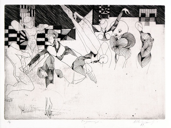 Artist: b'SHOMALY, Alberr' | Title: b'Engraving' | Date: 1968 | Technique: b'engraving, printed in brownish pink ink, from one copper plate' Artist: b'SHOMALY, Alberr' | Title: b'Engraving' | Date: 1968 | Technique: b'engraving, printed in brownish pink ink, from one copper plate'
