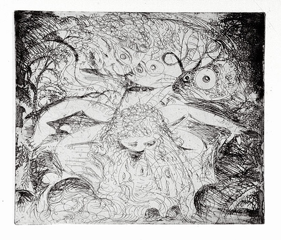 Artist: b'BOYD, Arthur' | Title: bNude washing in a creek with watching head and ram's head. | Date: (1962-63) | Technique: b'etching, printed in black ink, from one plate' | Copyright: b'Reproduced with permission of Bundanon Trust' Artist: b'BOYD, Arthur' | Title: bNude washing in a creek with watching head and ram's head. | Date: (1962-63) | Technique: b'etching, printed in black ink, from one plate' | Copyright: b'Reproduced with permission of Bundanon Trust'