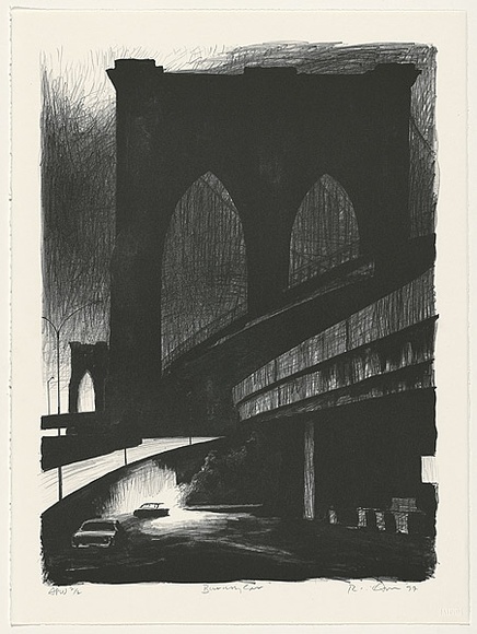 Artist: b'AMOR, Rick' | Title: b'Burning car' | Date: 1997 | Technique: b'lithograph, printed in black ink, from one stone' | Copyright: b'Image reproduced courtesy the artist and Niagara Galleries, Melbourne' Artist: b'AMOR, Rick' | Title: b'Burning car' | Date: 1997 | Technique: b'lithograph, printed in black ink, from one stone' | Copyright: b'Image reproduced courtesy the artist and Niagara Galleries, Melbourne'