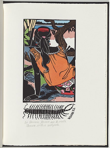 Artist: b'White, Robin.' | Title: b'Not titled (Florence with a centipede).' | Date: 1985 | Technique: b'woodcut, printed in black ink, from one block; handcoloured' Artist: b'White, Robin.' | Title: b'Not titled (Florence with a centipede).' | Date: 1985 | Technique: b'woodcut, printed in black ink, from one block; handcoloured'