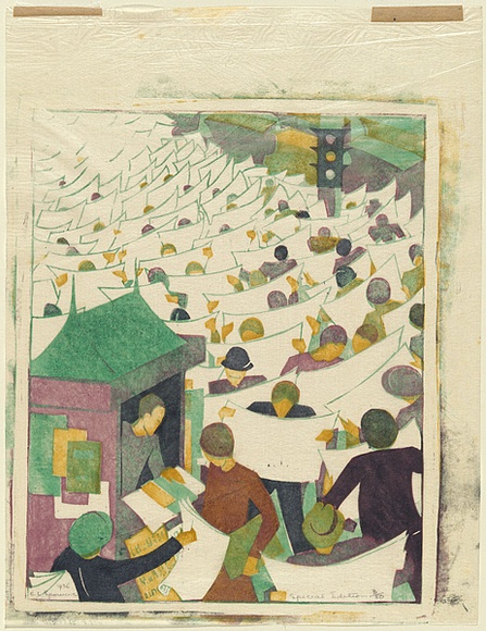 Artist: b'Spowers, Ethel.' | Title: b'Special edition' | Date: 1936 | Technique: b'linocut, printed in colour from four blocks (mauve, viridian, yellow ochre, dark blue)' Artist: b'Spowers, Ethel.' | Title: b'Special edition' | Date: 1936 | Technique: b'linocut, printed in colour from four blocks (mauve, viridian, yellow ochre, dark blue)'