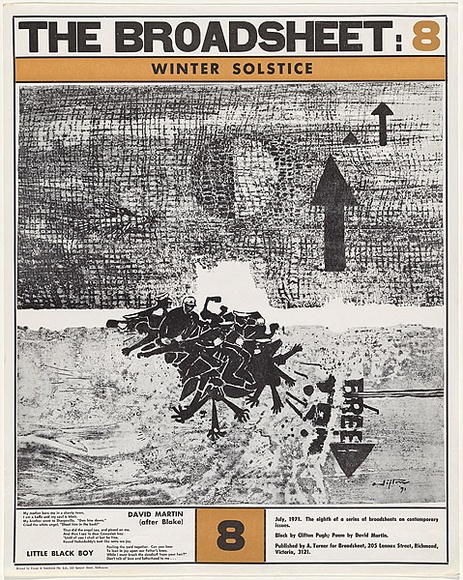 Artist: b'Broadsheet Publishers.' | Title: b'The Broadsheet 8: Winter soltice' | Date: 1971 | Technique: b'relief, printed in colour, from two blocks' Artist: b'Broadsheet Publishers.' | Title: b'The Broadsheet 8: Winter soltice' | Date: 1971 | Technique: b'relief, printed in colour, from two blocks'
