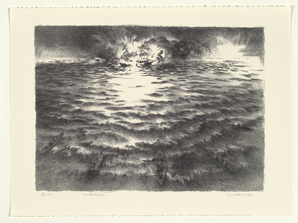 Artist: b'Mortensen, Kevin.' | Title: b'The explosion' | Date: 1994 | Technique: b'lithograph, printed in black ink, from one stone' | Copyright: b'\xc2\xa9 Kevin Mortensen' Artist: b'Mortensen, Kevin.' | Title: b'The explosion' | Date: 1994 | Technique: b'lithograph, printed in black ink, from one stone' | Copyright: b'\xc2\xa9 Kevin Mortensen'