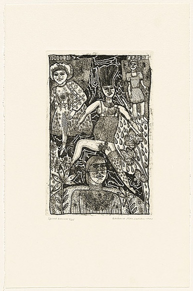 Artist: b'HANRAHAN, Barbara' | Title: b'Spirit dancer' | Date: 1990 | Technique: b'etching, printed in black ink with plate-tone, from one plate' Artist: b'HANRAHAN, Barbara' | Title: b'Spirit dancer' | Date: 1990 | Technique: b'etching, printed in black ink with plate-tone, from one plate'