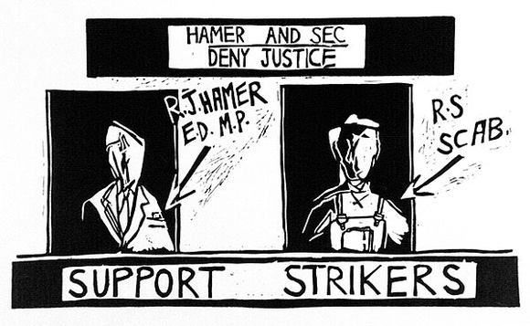 Artist: b'Bowyer, Libby.' | Title: bSupport strikers. (Poster supporting SEC maintenance workers' strike, La Trobe Valley, Victoria, 1977). | Date: (1977) | Technique: b'linocut, printed in black ink, from one block' Artist: b'Bowyer, Libby.' | Title: bSupport strikers. (Poster supporting SEC maintenance workers' strike, La Trobe Valley, Victoria, 1977). | Date: (1977) | Technique: b'linocut, printed in black ink, from one block'