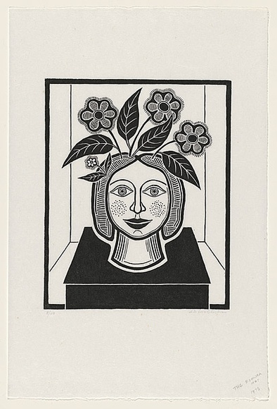 Artist: b'Groblicka, Lidia.' | Title: b'The flower hat' | Date: 1973 | Technique: b'woodcut, printed in black ink, from one block; touched with white gouache' Artist: b'Groblicka, Lidia.' | Title: b'The flower hat' | Date: 1973 | Technique: b'woodcut, printed in black ink, from one block; touched with white gouache'