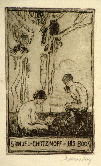 Artist: b'Long, Sydney.' | Title: b'Bookplate: Samuel Chotzinoff' | Date: 1921 | Technique: b'line-etching, printed in dark brown ink with plate-tone, from one copper plate' | Copyright: b'Reproduced with the kind permission of the Ophthalmic Research Institute of Australia'