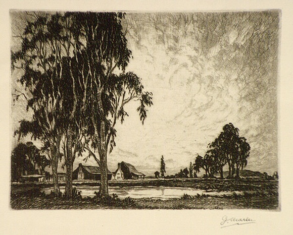 Artist: b'Warner, Alfred Edward.' | Title: b'(Country homestead by a dam)' | Technique: b'etching, printed in black ink, from one plate' Artist: b'Warner, Alfred Edward.' | Title: b'(Country homestead by a dam)' | Technique: b'etching, printed in black ink, from one plate'