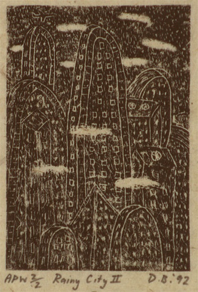 Artist: b'Bowen, Dean.' | Title: b'Rainy city II' | Date: 1992 | Technique: b'etching, printed in black ink, from one plate' Artist: b'Bowen, Dean.' | Title: b'Rainy city II' | Date: 1992 | Technique: b'etching, printed in black ink, from one plate'