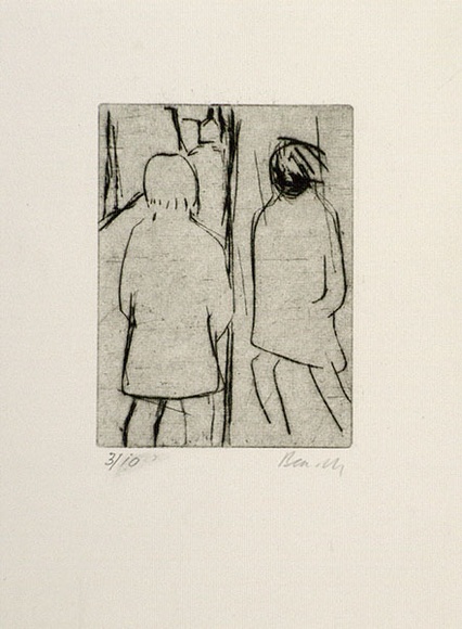 Artist: b'MADDOCK, Bea' | Title: b'Two figures in a lane.' | Date: 1966-67 | Technique: b'drypoint, printed in black ink, from one copper plate' Artist: b'MADDOCK, Bea' | Title: b'Two figures in a lane.' | Date: 1966-67 | Technique: b'drypoint, printed in black ink, from one copper plate'
