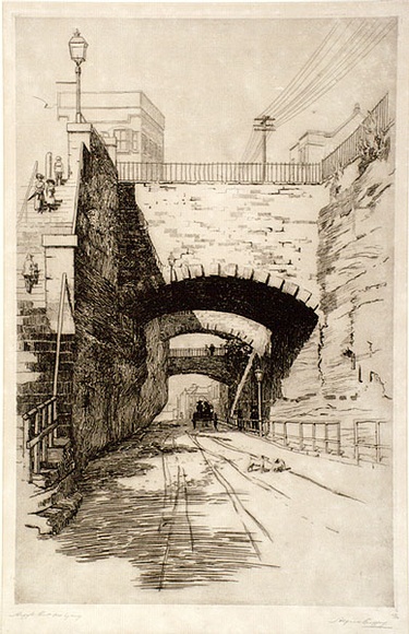 Artist: Coffey, Alfred. | Title: Argyle cut, old Sydney. | Date: 1910 | Technique: etching, printed in warm black ink with plate-tone, from one plate Artist: Coffey, Alfred. | Title: Argyle cut, old Sydney. | Date: 1910 | Technique: etching, printed in warm black ink with plate-tone, from one plate