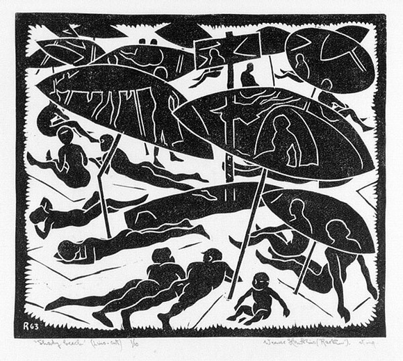 Artist: b'Hawkins, Weaver.' | Title: b'Shady beach' | Date: 1963 | Technique: b'linocut, printed in black ink, from one block' | Copyright: b'The Estate of H.F Weaver Hawkins'